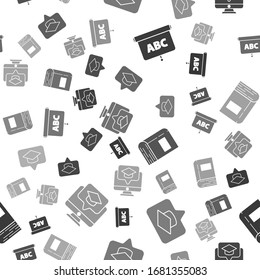 Set Chalkboard, Graduation cap in speech bubble, Book and Monitor with graduation cap on seamless pattern. Vector