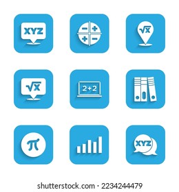 Set Chalkboard, Graph, schedule, chart, diagram, XYZ Coordinate system, Office folders, Pi symbol, Square root of x glyph,  and  icon. Vector