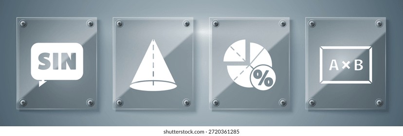Definir quadro de cálculo, gráfico, programação, gráfico, diagrama, figura geométrica Cone e matemática função seno. Painéis de vidro quadrados. Vetor
