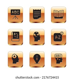 Set Chalkboard, Head with gear inside, Information, Learning foreign languages, Translator book, Open,  and Notebook icon. Vector