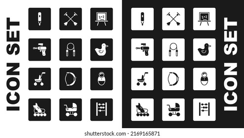 Set Chalkboard, Jump rope, Ray gun, Marker pen, Rubber duck, Arrow with sucker tip, Tumbler doll toy and Baby stroller icon. Vector