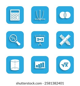 Set Chalkboard, Laptop with graph chart, Square root of x glyph, Crossed ruler and pencil, Geometric figure, Magnifying glass percent, Mathematics sets A B and Calculator icon. Vector