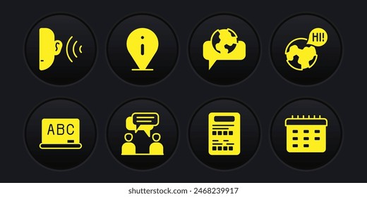 Set Chalkboard, Learning foreign languages, Two sitting men talking, Exam sheet, Information, School timetable and Ear listen sound signal icon. Vector