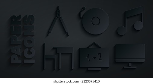Set Chalkboard, Music note, tone, School table and chair, Computer monitor screen, Ringing alarm bell and Drawing compass icon. Vector