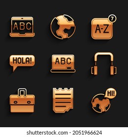 Set Chalkboard, Notebook, Learning foreign languages, Headphones, Briefcase, Hola different, Online translator and Foreign online study icon. Vector