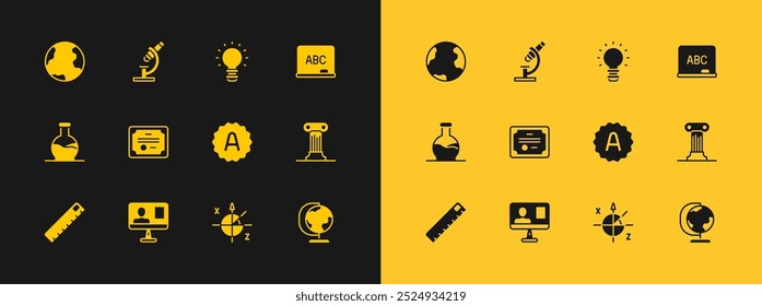 Set Chalkboard, Online class, Exam sheet with A plus grade, Trigonometric circle, Certificate template, Creative lamp light idea, Earth globe and Microscope icon. Vector