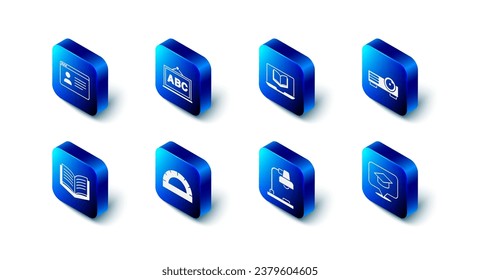 Set Chalkboard, Online class, Movie, film, media projector, Graduation cap speech bubble, Table lamp, Protractor grid, Open book and  icon. Vector