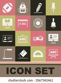 Set Chalkboard, Online class, Ringing bell, Pencil with eraser, Pendulum, American Football ball and Atom icon. Vector