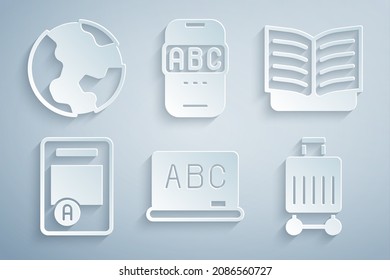 Set Chalkboard, Open book, Exam sheet with A plus grade, Suitcase, Foreign language online study and Earth globe icon. Vector