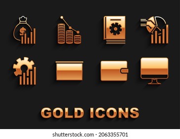 Set Chalkboard, Pie chart infographic, Computer monitor screen, Wallet, User manual, Money bag and diagram and coin icon. Vector
