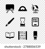 Set Chalkboard, Protractor grid, Earth globe, Open book, Abacus, USB flash drive, Paint brush and Old hourglass icon. Vector