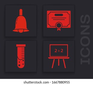 Set-Schalttafel, Ringglocke, Zertifikatsschablone und Prüflöhre und Messkolben-Laborsymbol. Vektorillustration