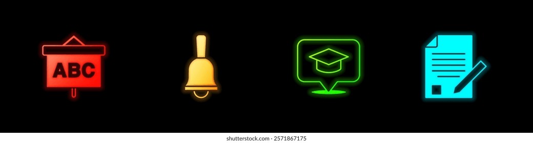 Set Chalkboard, Ringing bell, Graduation cap speech bubble and Exam sheet and pencil icon. Vector