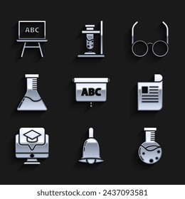 Set Chalkboard, Ringing bell, Test tube and flask chemical laboratory, Document, Monitor with graduation cap, Glasses and  icon. Vector