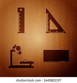 Set Chalkboard, Ruler, Microscope and Triangular ruler on wooden background. Vector