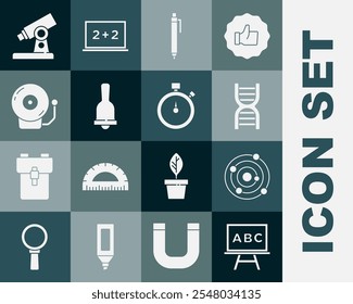 Set Chalkboard, Solar system, DNA symbol, Pen, Ringing bell, alarm, Microscope and Stopwatch icon. Vector