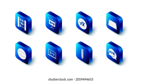 Set Chalkboard, Square root of x glyph, Acute trapezoid shape, XYZ Coordinate system, Pencil, Geometric figure Sphere and Abacus icon. Vector