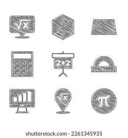 Set Chalkboard, Square root of x glyph, Pi symbol, Protractor, Computer monitor with graph chart, Calculator, Acute trapezoid shape and  icon. Vector