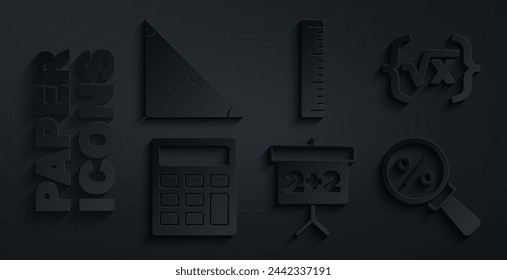 Set Chalkboard, Square root of x glyph, Calculator, Magnifying glass with percent, Ruler and Angle bisector triangle icon. Vector