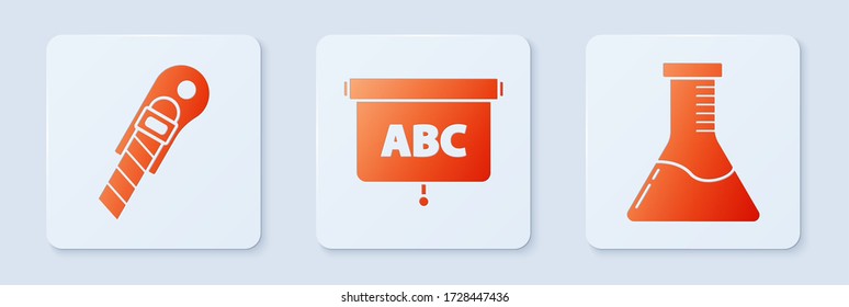 Set Chalkboard, Stationery knife and Test tube and flask chemical laboratory. White square button. Vector