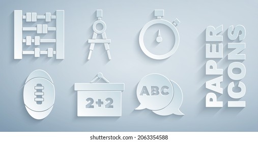 Set Chalkboard, Stopwatch, American Football ball, Alphabet, Drawing compass and Abacus icon. Vector