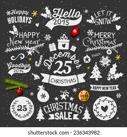 A set of chalkboard style Christmas elements. Typographic designs, hand-drawn labels, tags and embellishments.