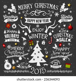 A set of chalkboard style Christmas elements. Typographic designs, hand-drawn labels, tags and embellishments.