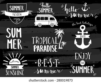 A set of chalkboard style typographic summer designs. Hand drawn calligraphic design templates. Summer season logos, posters, t-shirt, flyer, apparel designs.