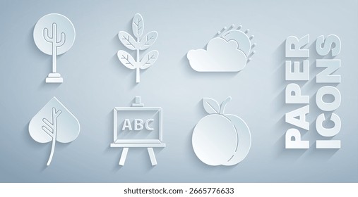 Pizarra, Clima del sol y de la nube, hoja u hojas, fruta del melocotón, e ícono del árbol. Vector