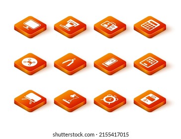 Set Chalkboard, Table lamp, Chemical formula, Drawing compass, Alarm clock, Locker changing room, Exam sheet with plus grade and Graphic tablet icon. Vector