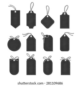 Set of chalkboard tags and labels tied up with black bakers twine bows and ribbons 