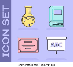 Set Chalkboard, Test tube and flask chemical laboratory, Certificate template and Book icon. Vector