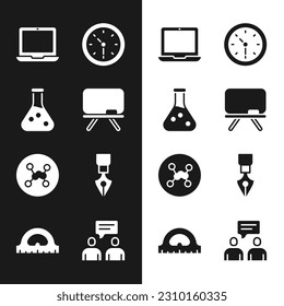 Set Chalkboard, Test tube, Laptop, Clock, Chemical formula, Fountain pen nib, Two sitting men talking and Protractor grid icon. Vector