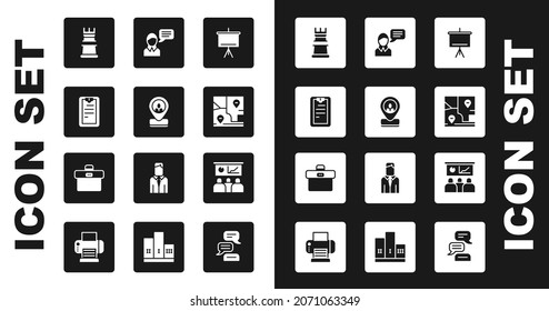 Set Chalkboard, Worker location, Clipboard with checklist, Business strategy, Folded map, Speech bubble chat, Training, presentation and Briefcase icon. Vector