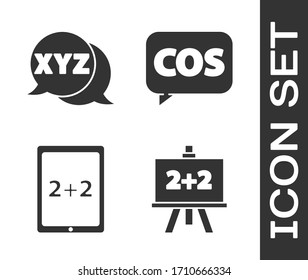 Set Chalkboard, XYZ Coordinate system, Tablet with calculator and Mathematics function cosine icon. Vector