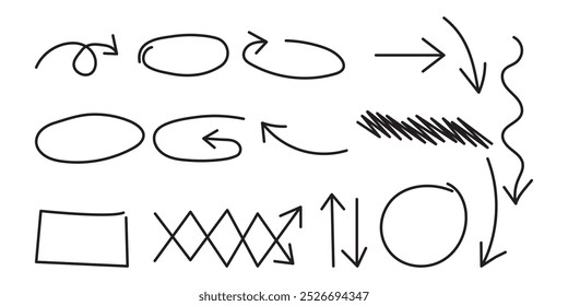 set of chalked arrows and frames. Vector doodle design elements. Hand drawn black charcoal symbols for hand drawn diagrams. Freehand different curved arrows, swirls.