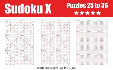 Set von herausfordernden Sudoku X-Rätsel mit Lösungen, darunter 12 einzigartige Rätsel nummeriert 25 bis 36. Ideal für Enthusiasten auf der Suche nach einem komplexen und fesselnden Gehirnspiel Erfahrung.