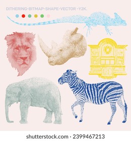 Set of Chameleon, lion, rhinoceros, mailbox, elephant, zebra. Digital art, web graphics, vintage-inspired branding. Dithering Bitmap Shape. Print for fashion and design. Vector illustration. Y2K.