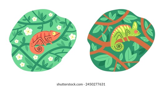 A set of chameleons blending into leafy backgrounds, adorned with flowers. Ideal for nature themes. Vector illustration set suitable for educational or decorative purposes.