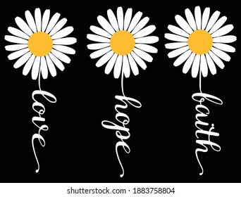 Set of chamomile with blank text. Collection of stylized daisy with letters. Colorful illustration of flowers on white background. Design for t-shirt. Tattoo. 