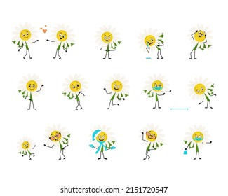 Set Of Chamomile Character With Happy Or Sad Emotions, Panic, Loving Or Brave Face, Hands And Legs. Person With Funny Expression, Daisy Flower Hero With Mask, Glasses Or Hat. Vector Flat Illustration