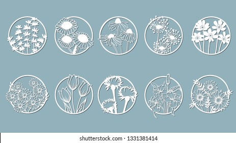 Set. Chamomile, Echinacea, dandelion, chrysanthemum, noble hepatica, stokesia, Lily, leaves, grass.  circle, mugs,. Abstract circles, balls Vector illustration of a laser cutting Plotter cutting 