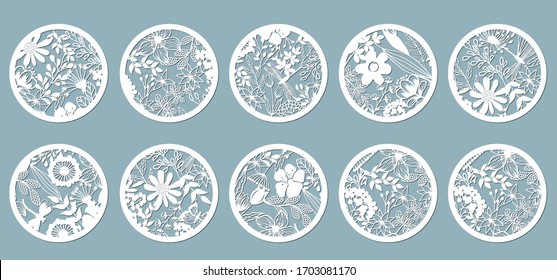 Set. Chamomile, Echinacea, dandelion, chrysanthemum, noble hepatica, stokesia, Lily, leaves, grass. Panel for registration of the decorative surfaces circle, mugs,. Abstract circles, balls. Vector ill
