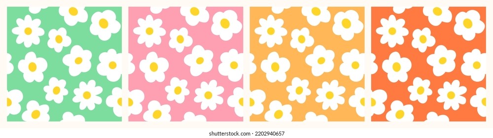 Set of Chamomile Flowers on Multi Color Backgrounds, in Flat Design, Seamless Editable Vector Patterns. Simple Floral Print Collection, Shades of Yellow, Pink and Green.