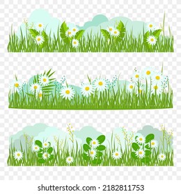 Un conjunto de manzanas y flores de hierba. Hermosa pradera y cielo azul. Curva horizontal. Un elemento de diseño.