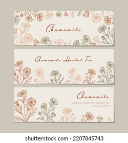 Set of chamomile horizontal packaging design with hand drawn elements. Vector illustration in sketch style