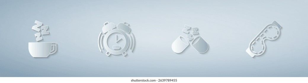 Set Chamomile tea, Alarm clock, Sleeping pill and Eye sleep mask. Paper art style. Vector