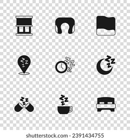 Set Chamomile tea, Moon and stars, Big bed, Alarm clock, Pillow, Window with curtains, Travel neck pillow and Sleepy icon. Vector