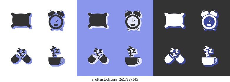 Set Chamomile tea, Pillow, Sleeping pill and Alarm clock icon. Vector