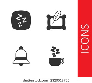 Set Chamomile tea, Sleepy, Ringing bell and Pillow icon. Vector